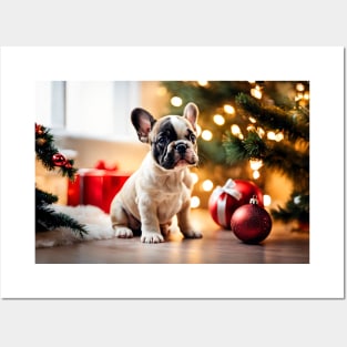 French Bulldog Puppy by Christmas Tree Posters and Art